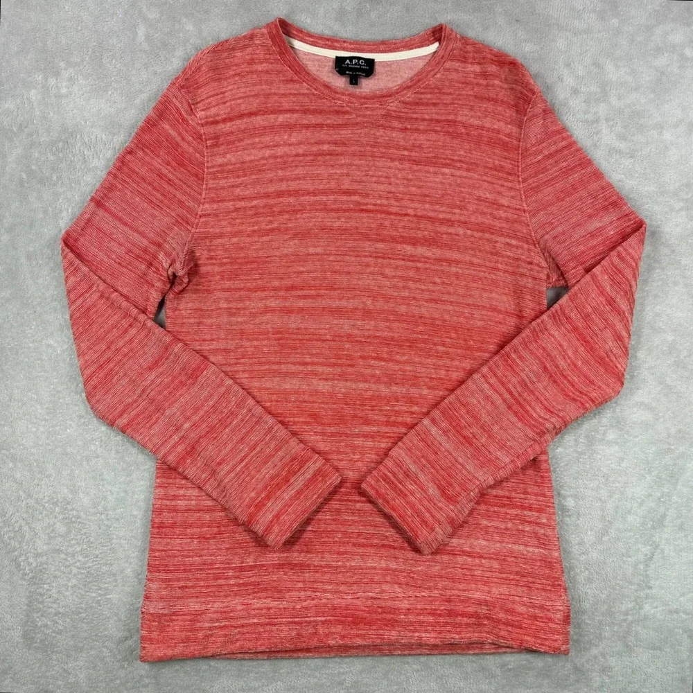 A.P.C. Long Sleeve Shirt Mens Large Red White Space Dye Melange Crew terry Cloth - Picture 1 of 10